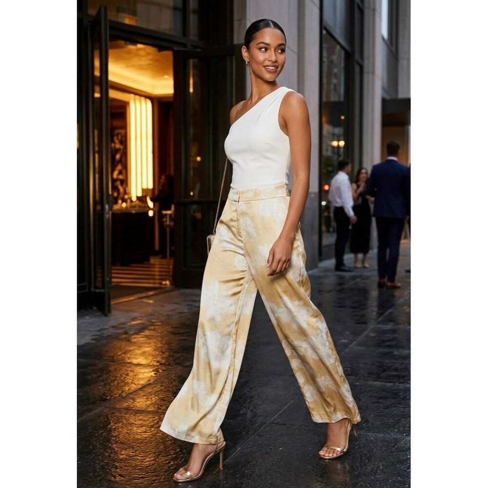 Commense Gold Floral Satin Wide Leg Pants Womens M Resort Summer Cocktail